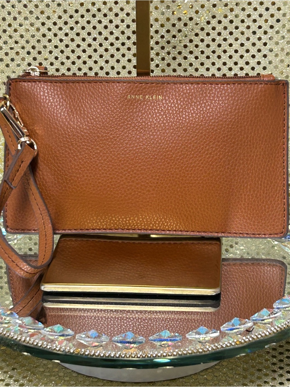 Anne Klein Cognac Pebbled Leather Wristlet with Gold Accents Approx. 8 x 4.5
